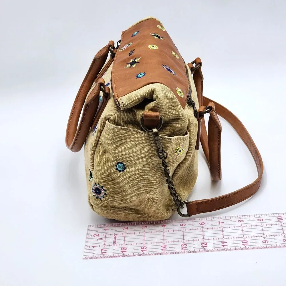 Desigual Mandalas Embroidered Julietta Loverty Canvas Satchel Bag Tan Brown HTF